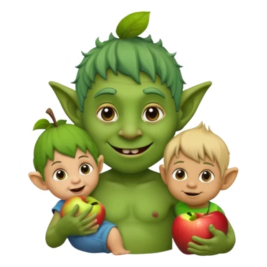 cheeky troll holding a curious toddler, both with expressive faces, apple emoji style sticker