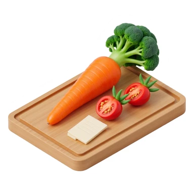 carrot tomato brocoli on the wooden cutting board with floating list  sticker