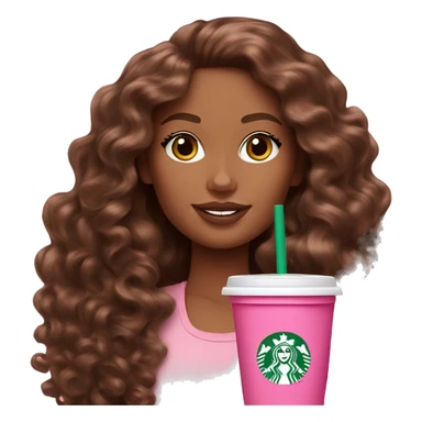 Barbie girl with brown long curly hair holding Pink starbucks refresher sticker
