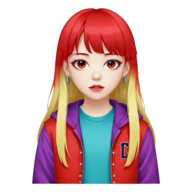  portrait-of-a-red devil-k-pop-idol,-wearing-a-stylish-streetwear-outfit-with-layered-colorful-clothing,-long-hair-with-bangs,-makeup,- sticker
