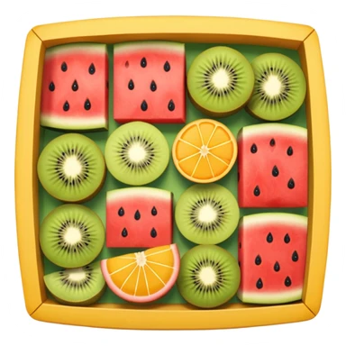 top-down view of a square fruit box with neatly arranged watermelon, strawberry, mango, kiwi, orange, cantaloupe, and pineapple sticker