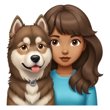 A girl with brown blunt bangs and big wavy hair, and a brown Alaskan Malamute dog. sticker