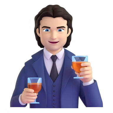 Damon Salvatore as a vampire with dark hair, blue eyes, fangs, sly grin, holding a glass of bourbon sticker