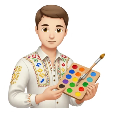 A guy in a white Ukrainian embroidered shirt holds musical notes and a paint palette in his hand sticker