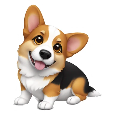 a tricolor corgi. lots of black on the head , around the eyes, a white spot on the forehead, sticking out the tongue sticker