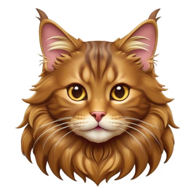 Cinematic Cute Brown Maine Coon Cat Portrait Emoji, Head tilted playfully with a touch of sass, sleek brown and gold fur with a majestic mane, Simplified yet hilariously adorable features, highly detailed, glowing with a warm, confident glow, high shine, mischievous yet lazy, stylized with a touch of playful whimsy, bright and endearing with a comical expression, soft glowing outline, capturing the essence of a quirky yet loving and lazy kitty, so meme-worthy it feels like it could stretch out of the screen and demand attention in the most dramatic way! sticker