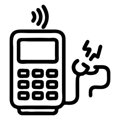 Slack emoji icon showing a payment terminal with a disconnected plug or broken chain, indicating a payment vendor outage, bold lines, high contrast sticker