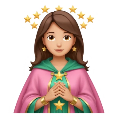 Mujer de piel morena, rostro sereno, manos juntas. Vestido rosa, manto azul verdoso con estrellas doradas. Resplandor dorado alrededor del cuerpo. sticker