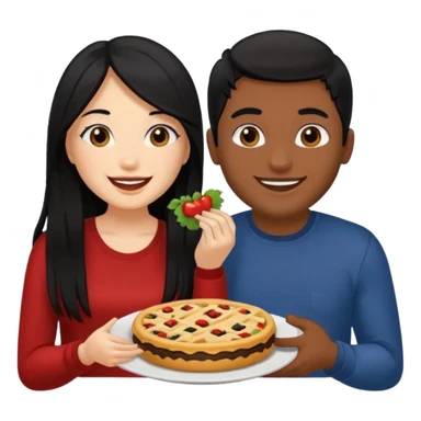Fair skin woman with long black hair with her Brown skin ned boyfriend with his fine cut blacked hair eating together . Sticker sticker