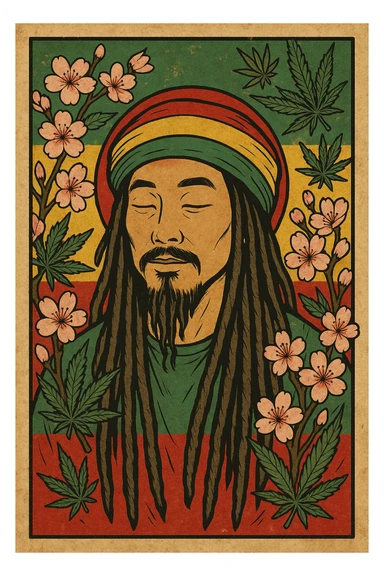 Vintage poster of an Asian Rasta with long dreadlocks, peaceful eyes, and a red-gold-green tam. Surrounded by cherry blossoms and ganja leaves. Background blends Rasta colors into an Asian flag (e.g., red sun from Japan or Chinese star). Retro reggae fusion vibe, with bold lines and aged paper texture.
 sticker