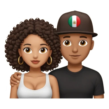 A picture of a loving tanned couple. the guy is Mexican, with a bald hair cut and he has a SnapBack hat on. The girl is mixed, the girl is wearing a black shirt, the girl has brown curly big hair and the girl has big boobs  sticker