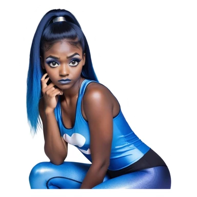 Disapponted-big tears-head back texting on phone-very very large upper body-sexy face-bending forward at waist-very long very straight dark blue to light blue ombre hair-and-blue eyes-thick black eyeliner-long eyelashes-iridescent blue lowcut tanktop with black leggings with glitter superman logo sticker