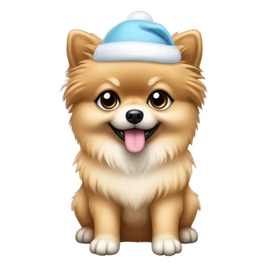 beige pomeranian puppy full body light blue eyes pink christmas hat on sticker