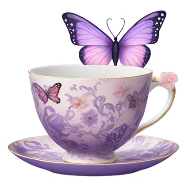 A delicate butterfly with pastel pink wings, resting on the edge of a purple porcelain teacup adorned with intricate violet floral patterns. sticker