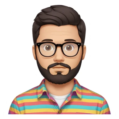 a 30-year-old man with light skin, medium solid build, wide face, soft cheeks, rounded jawline, neutral relaxed expression, short dense full beard, wavy voluminous brown-black hair at the front, large rectangular black thick frame glasses, colorful button-up shirt open showing white t-shirt sticker