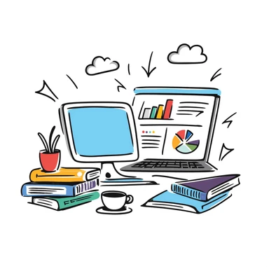 Academic research illustration showing a desktop with laptop, stacked reference books, coffee mug, and analytical charts and graphs. Hand-drawn colorful doodle with blue screen, vibrant book covers, and colorful data visualizations. sticker
