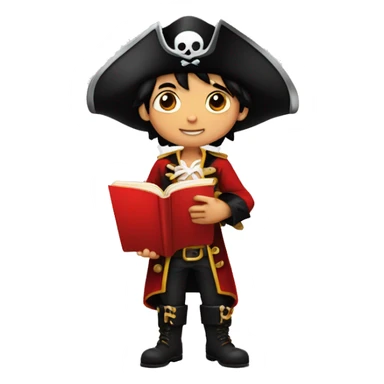 A boy, 12 years old, black hair, shiny eyes, a red pirate costume, a pirate hat with an image of crossbones and a skull, stands reading a red book sticker