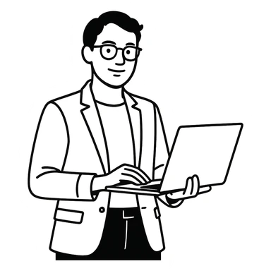 gender neutral marketer with glasses, casual business outfit, using a laptop, confident pose, minimal background sticker