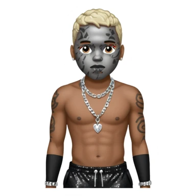 Chris Brown with black sequin baggy pants, shirtless with necklace sticker