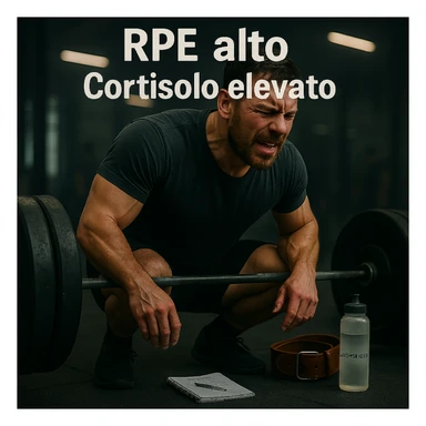 Replace the floating icons above the head with clear and readable Italian text: 'RPE alto' and 'Cortisolo elevato', maintaining the cinematic style and original color palette of the image. sticker