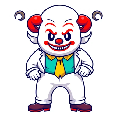 full-body demonic clown in a white leisure suit with bellbottom pants, bald, black ram horns, flashy belt, ruffled shirt, colorful tie, no elevator shoes sticker