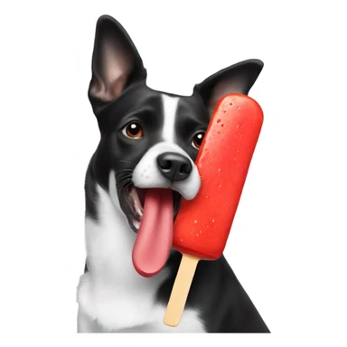 Black and white Dog licking a red popsicle sticker