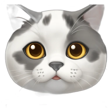 senior chubby diluted calico cat, white chin, black nose, grey ears, grey and white sticker