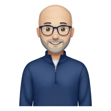Caucasian man with skin fade haircut (bald on sides fading to short on top), short beard with gray streaks, large black eyeglasses, cheerful expression, navy blue long sleeve sweatshirt with quarter zip sticker