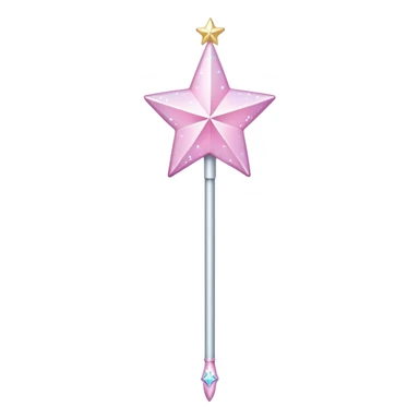 a long, slender stick, often depicted in a shimmering silver , At the top, it features a large, star-shaped tip that sparkles with pastel colors like pink, The wand has whimsical designs with  glittering accents sticker