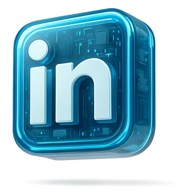 Futuristic LinkedIn logo, glossy circuit style, luminous blue highlights, transparent background sticker