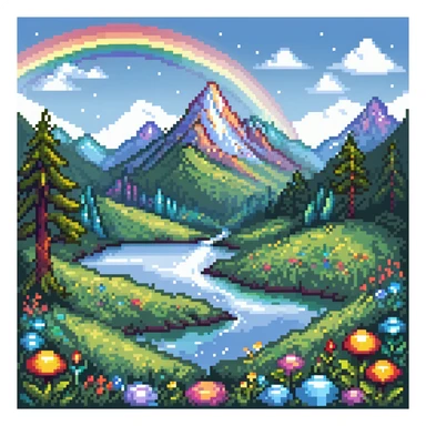 Enchanted meadow with rainbow and crystal mountains sticker