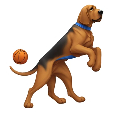 A bloodhound with a blue and orange cape spinning a basketball on its paw! sticker