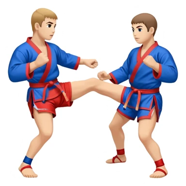 An icon symbolizing Sambo, featuring two fighters in blue and red kimonos with shorts and wrestling shoes. One executes a powerful throw, while the other attempts a defensive grab. The fighters are engaged in a grapple, using joint locks and sweeps.  sticker