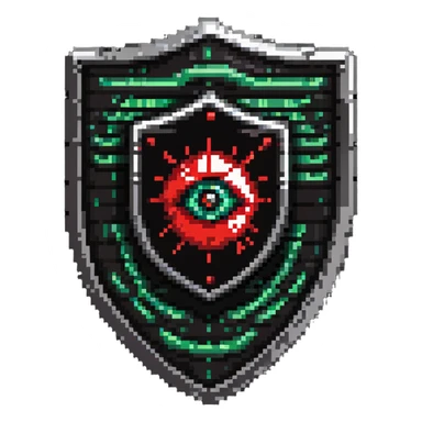 Shield badge with binary code pattern and a red warning eye symbol, cybersecurity expert sticker