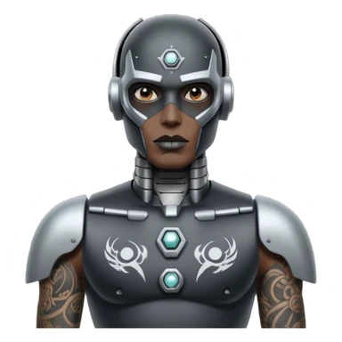 black metal Tatooed robot with rada, big many tatooes on chest, neck and face, white tatoo on face sticker