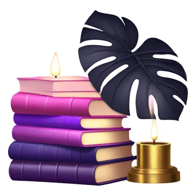 An elegant still life featuring a stack of light and dark violet books, a pink monstera plant, and a brass candle holder. sticker