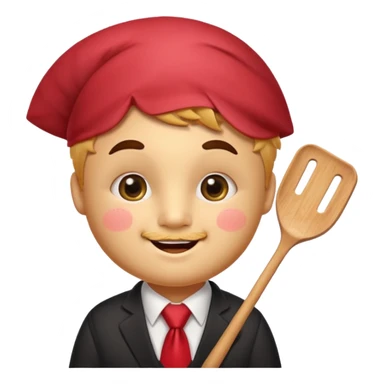 emoji style, happy fried empanada with face, big sparkling eyes, blushing cheeks, two buck teeth, red necktie, holding spatula, thick black outline, golden brown color, very cute and wholesome, transparent background sticker