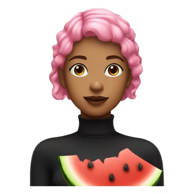 a girl with pink hair wearing a black turtle neck eating watermelon sticker