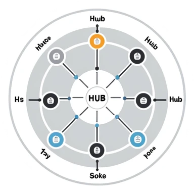 simple diagram of a central circle labeled 'Hub' connected by lines to smaller circles labeled 'Spoke', explanatory diagram style representing Hub & Spoke model in logistics sticker