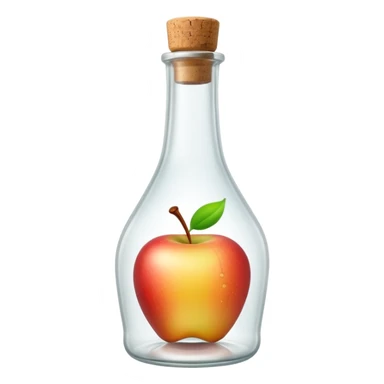 slender curved glass bottle with long neck, clear or frosted glass, colorless liquid inside, simple cork or screw cap, no label or fruit, just the bottle, apple emoji style, soft lighting, transparent background, emoji scale sticker