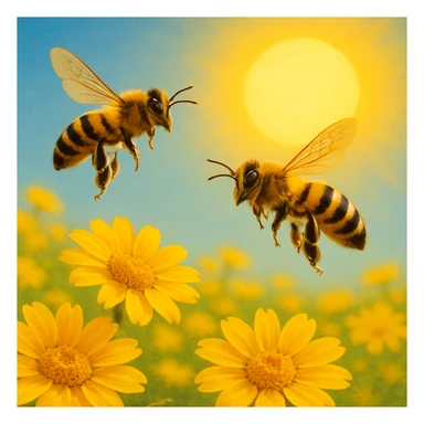 Two bees flying over yellow flowers with a sun in the background, vibrant yellow flowers and bright sun, black and yellow bees, variation 3 sticker
