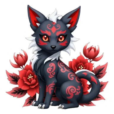 Asian-painted tattooed oriental Floral gothic edgy emo cool and ruby-jewelry-adorned Absol-Litten-Zorua-Houndour-fusion-Fakemon-animal-creature  sticker