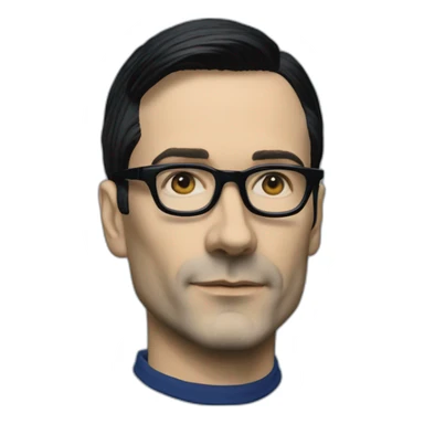 photo realistic Ralf Hutter from Kraftwerk, short straight black hair, black glasses, Dark Blue T-shirt, lean, left view sticker