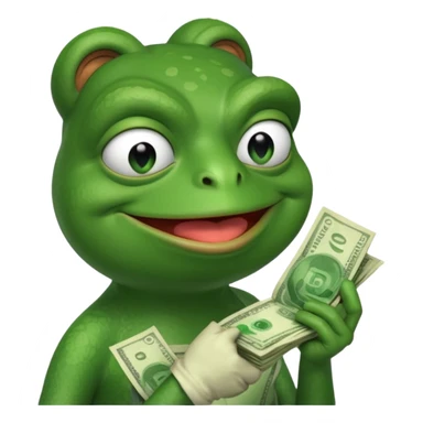 Pepe the frog sniffing a wad of money in his hand and smiling sticker