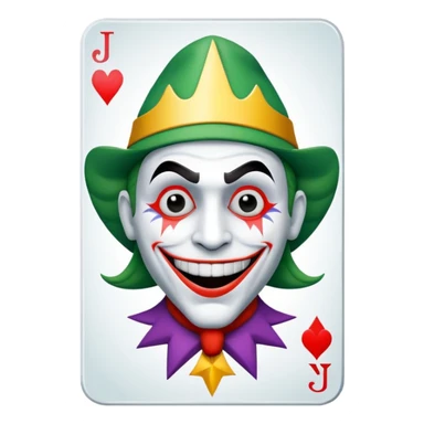 1 poker card, perfectly squared card, with crazy colorful human jolly joker inside, star symbol with a "J" sticker
