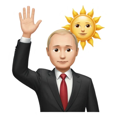 Putin stands with his right hand raised towards the sun sticker