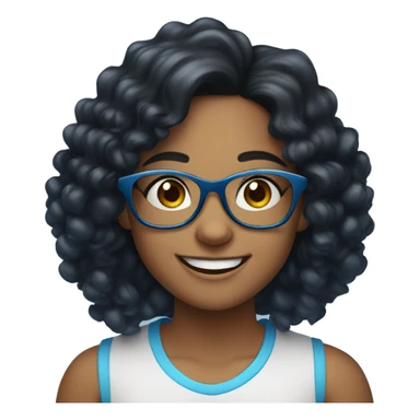 smiling girl with glasses indoors, she has long black curly hair with blue dyed ends sticker