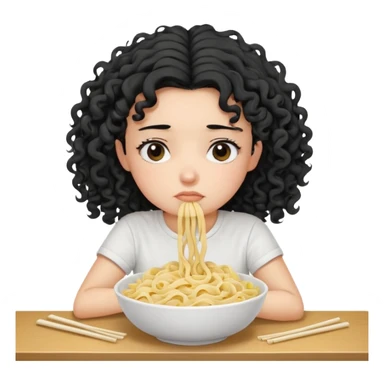generate a pretty bratz fair skinned girl with curly black hair wearing a white tshirt sitting on a table with noodles. looking sleepy and tired sticker
