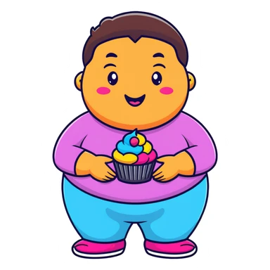 Extremely obese African American cartoon character with a very round face, smiling happily while holding colorful cupcakes sticker
