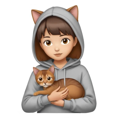 a asian girl with short brown hair and bangs holding an Abyssinian cat， wearing grey hoodie sticker